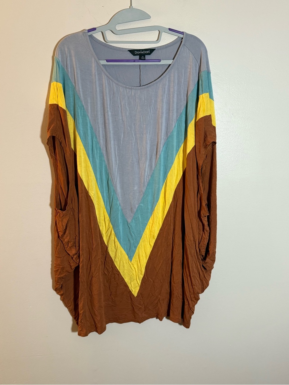 DAVI & DANI Brown Tunic with Teal and Yellow V-Stripe